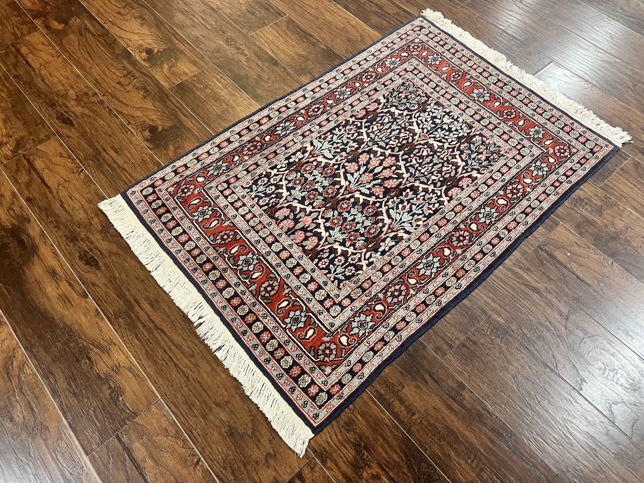 Pak Persian Rug 3x4, Wool Hand Knotted Vintage Traditional Carpet, Navy Blue & Red, Very Fine Small Handmade Floral Rug by Jewel Rugs