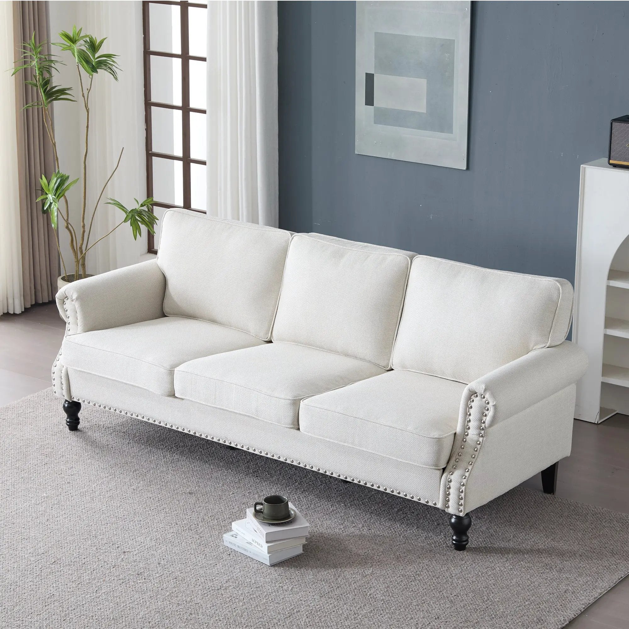 83 Inch Faux Leather Rolled Arm Sofa with Nailhead Trim by HouseOfZazla