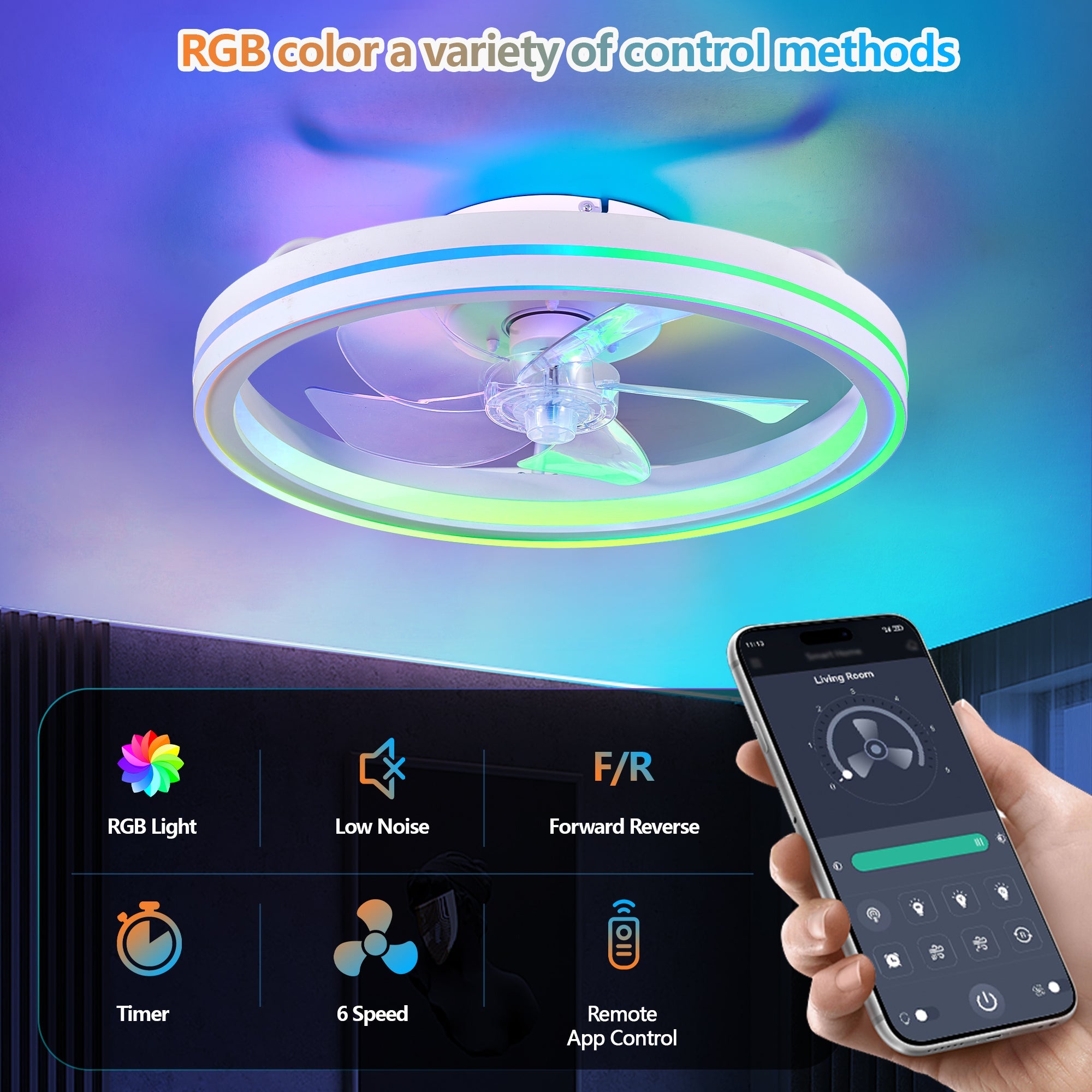 RGB Ceiling Fan with Lights, 19'' Smart LED Bladeless Chandelier Fan by HouseOfZazla