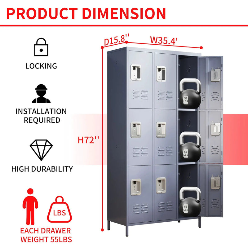 9 Door Lockers With Lock For Storage In Office, School, Gym, And Bedroom - Gray by HouseOfZazla