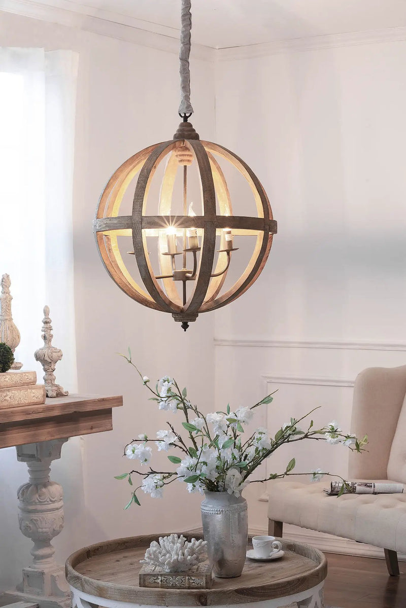 4 Light Wood Chandelier, Hanging Light Fixture With Adjustable Chain For Kitchen, Bulb Not Included - Brown by Unique Piece Furniture