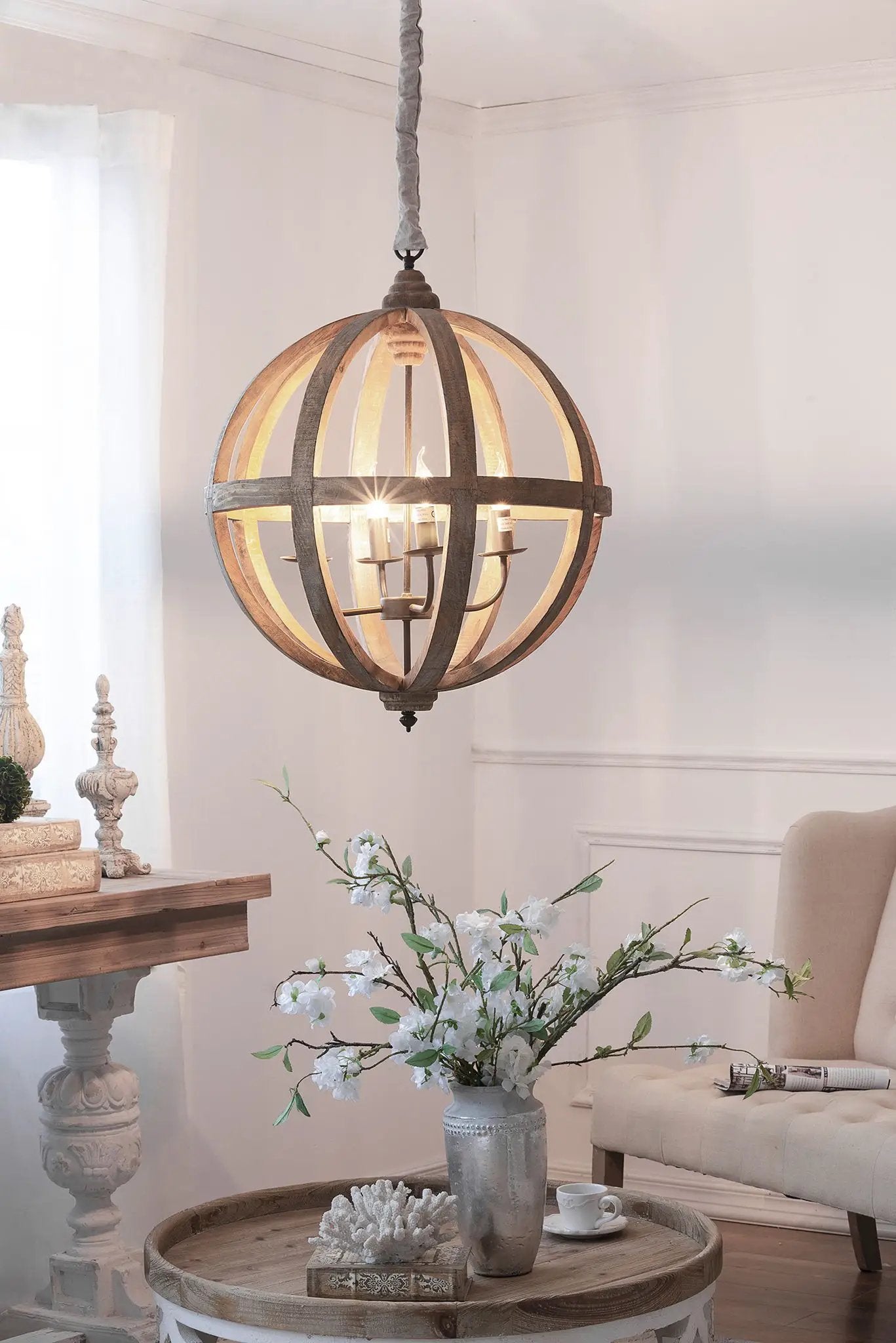 4 Light Wood Chandelier, Hanging Light Fixture With Adjustable Chain For Kitchen, Bulb Not Included - Brown by HouseOfZazla