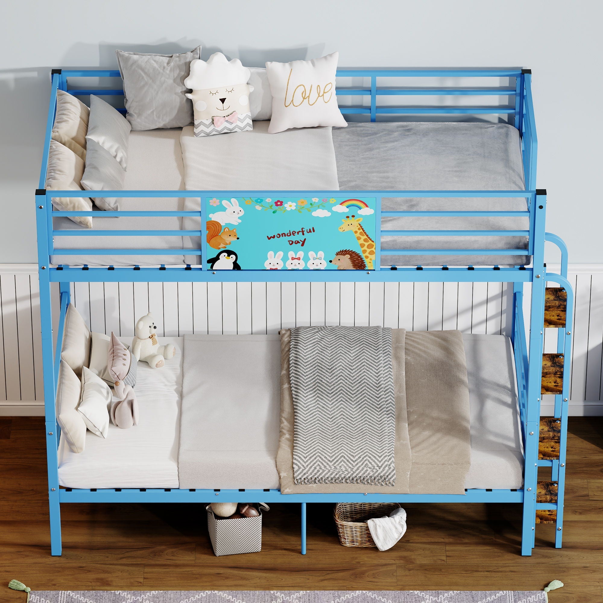 Bunk Bed, Convertible To 2 Separate Twin Size Beds With Full Length Guardrail & Ladder, No Box Spring Needed - Blue by HouseOfZazla