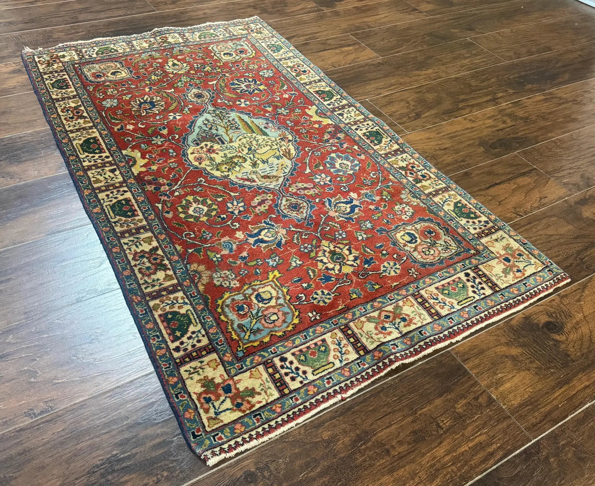 Small Persian Tabriz Rug 2.8 x 4.7, Red, Animal Pictorials, Semi Antique Vintage by Jewel Rugs