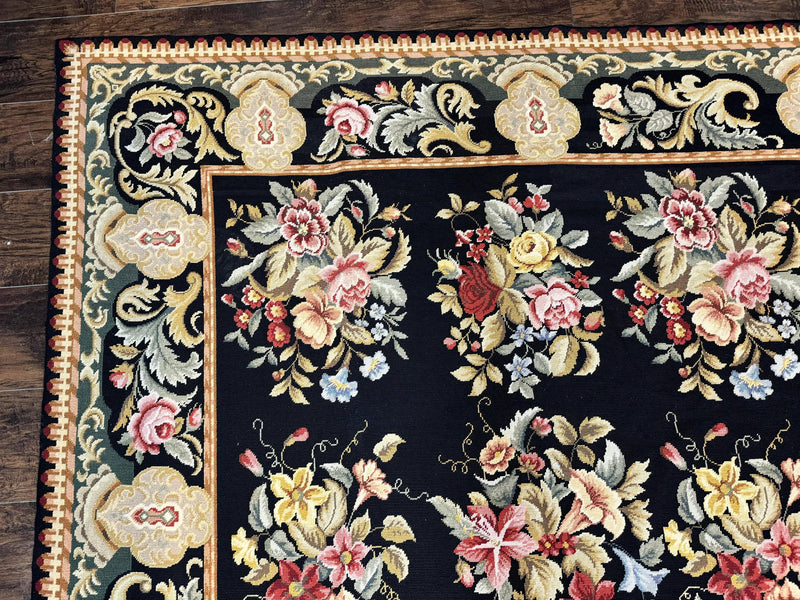 Palace Size Needlepoint Rug 12x16, Black and Colorful, Floral Panel, Handmade Oversized Wool Needlepoint Carpet, Rare by Jewel Rugs
