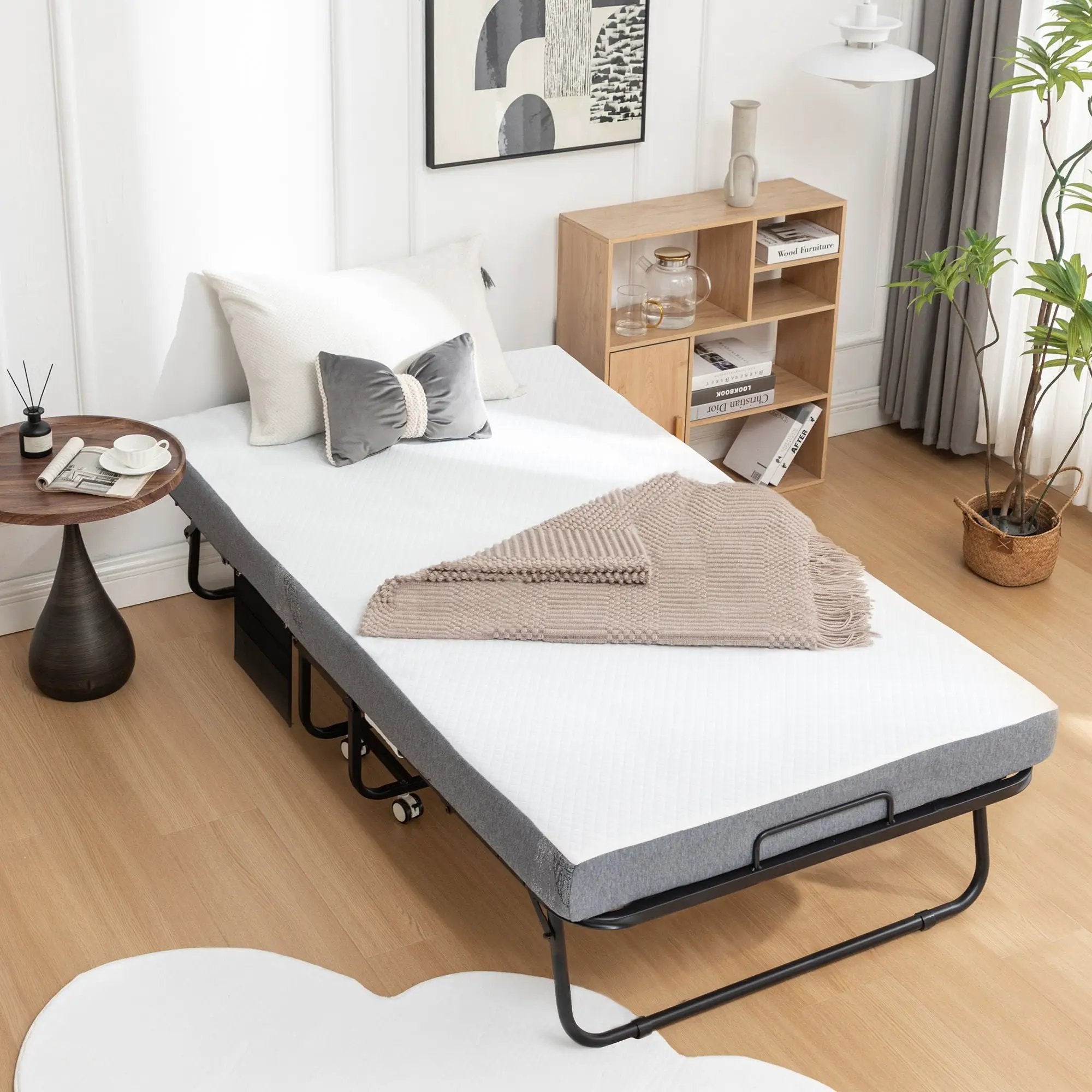 Foldable Metal Frame Bed For Guest With Memory Foam Mattress On Wheels, Saving Space Rollaway Bed by Unique Piece Furniture
