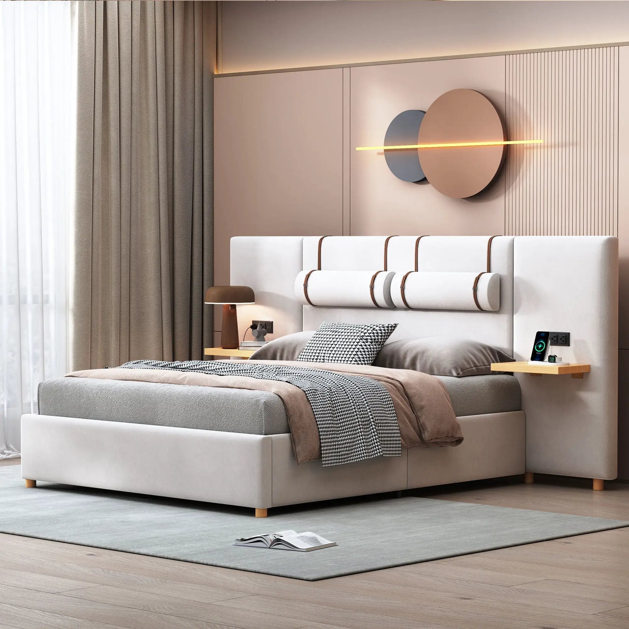 Upholstered Platform Bed, 2 Outlets And USB Charging Ports On Both Sides, 2 Bedside Pillows, Storage Shelves by HouseOfZazla