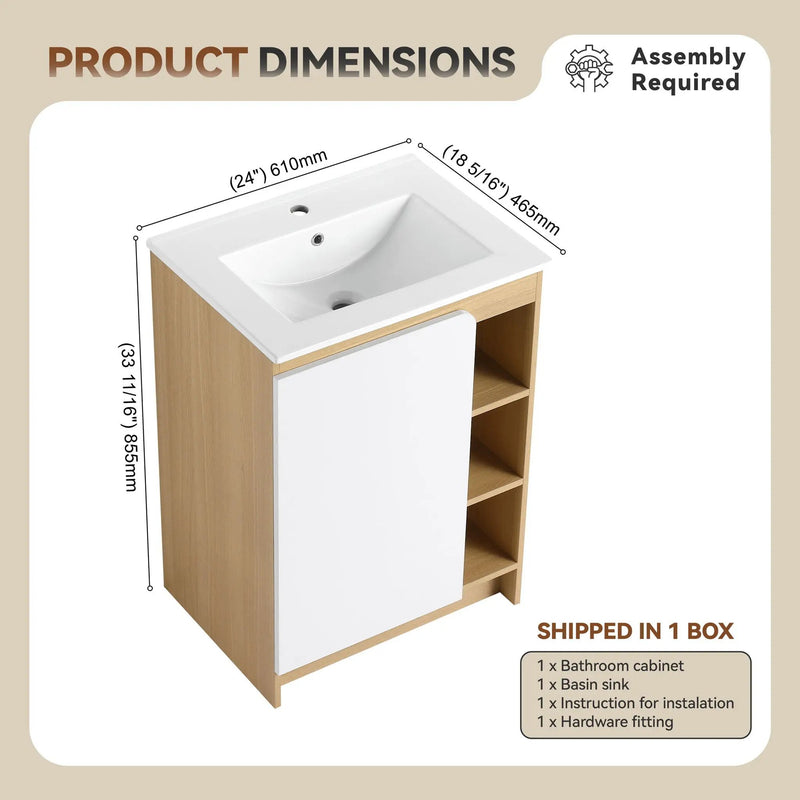 Freestanding Bathroom Vanity With Thin Rim Sink, Single Door With 4 Tier Open Shelves - Light Oak / White by HouseOfZazla