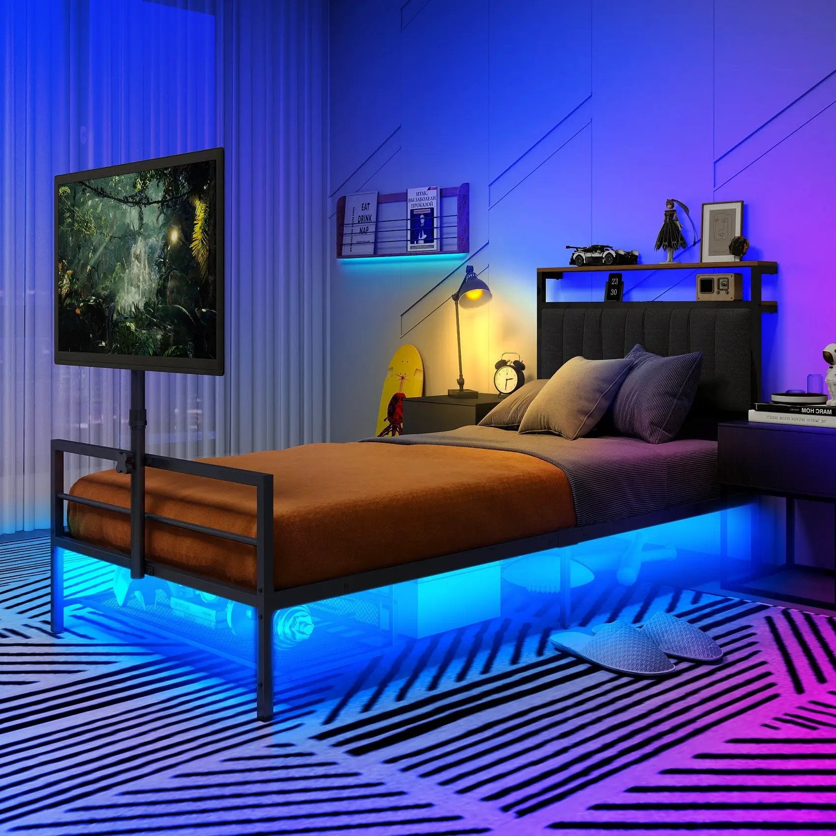 Twin Size Gaming Bed with Rotating TV Mount and LED Lighting by HouseOfZazla