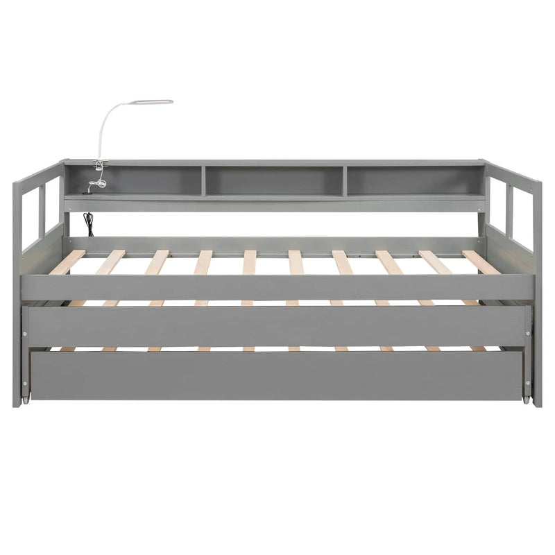 Daybed With 2 Trundles, 3 Storage Cubbies, Built In USB Charging Light by HouseOfZazla