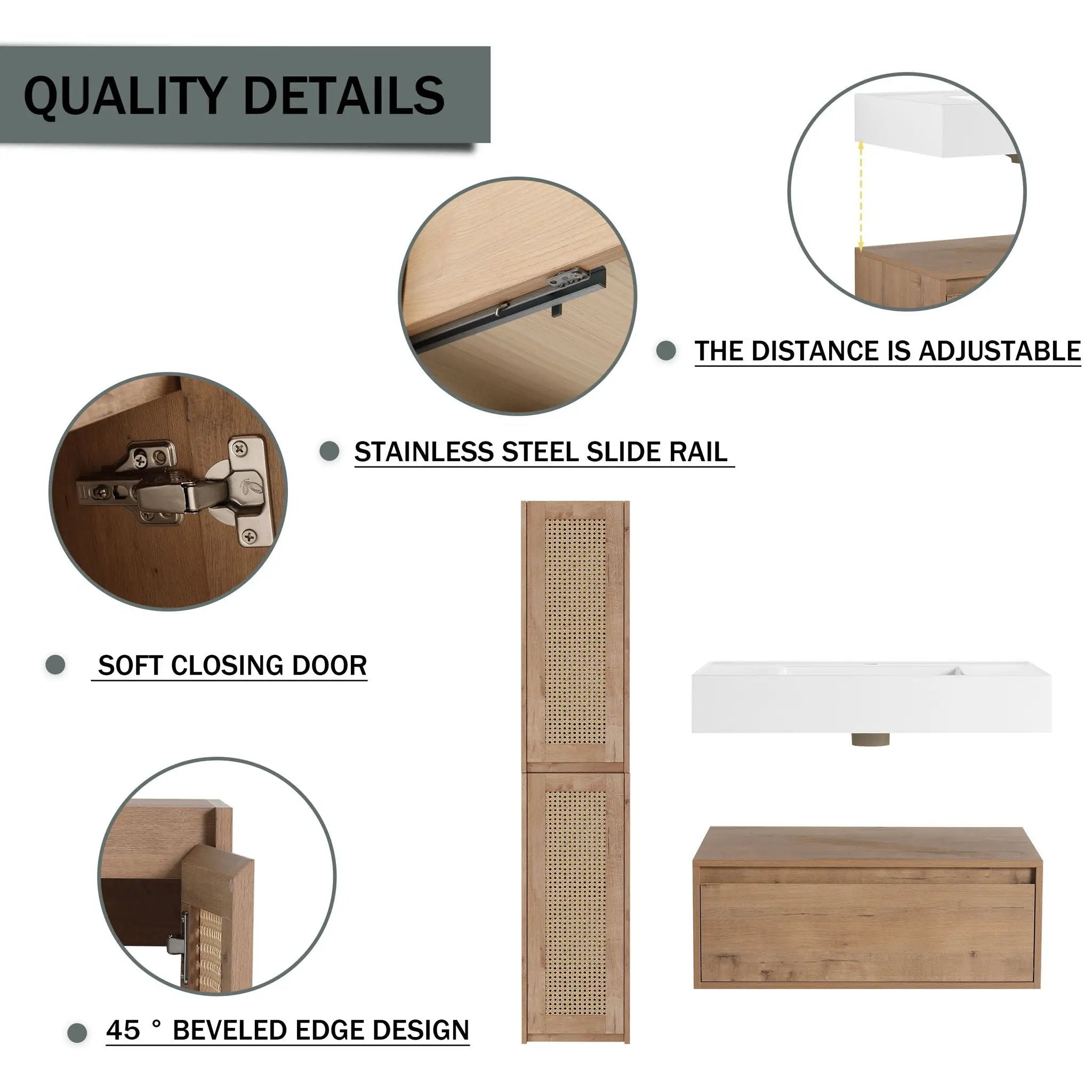 Modern Imitative Wall Mounted Bathroom Vanity With Resin Sink & 2 Side Cabinet, Soft Close Drawer - Imitative Oak by HouseOfZazla