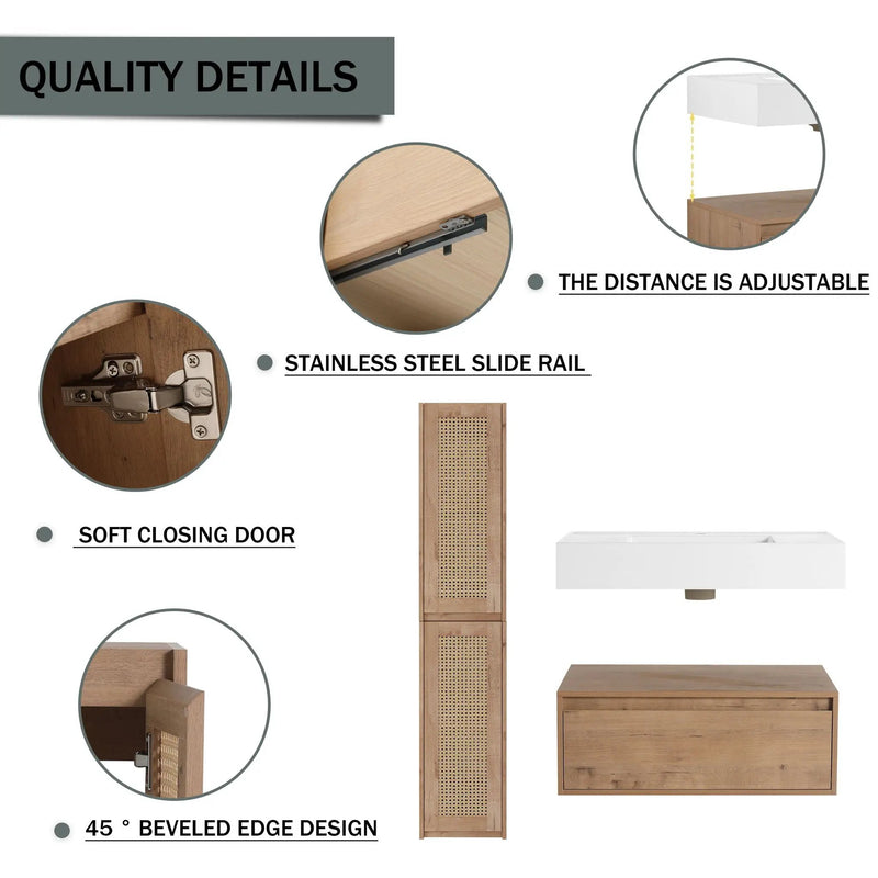 Modern Imitative Wall Mounted Bathroom Vanity With Resin Sink & 2 Side Cabinet, Soft Close Drawer - Imitative Oak by HouseOfZazla