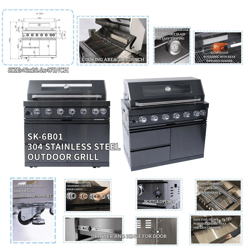 NG 85" 6-Burner 85,000 BTU Black Outdoor Kitchen Island Grill Refrigerator + Rotisserie Kit + Sink by Chery Industrial
