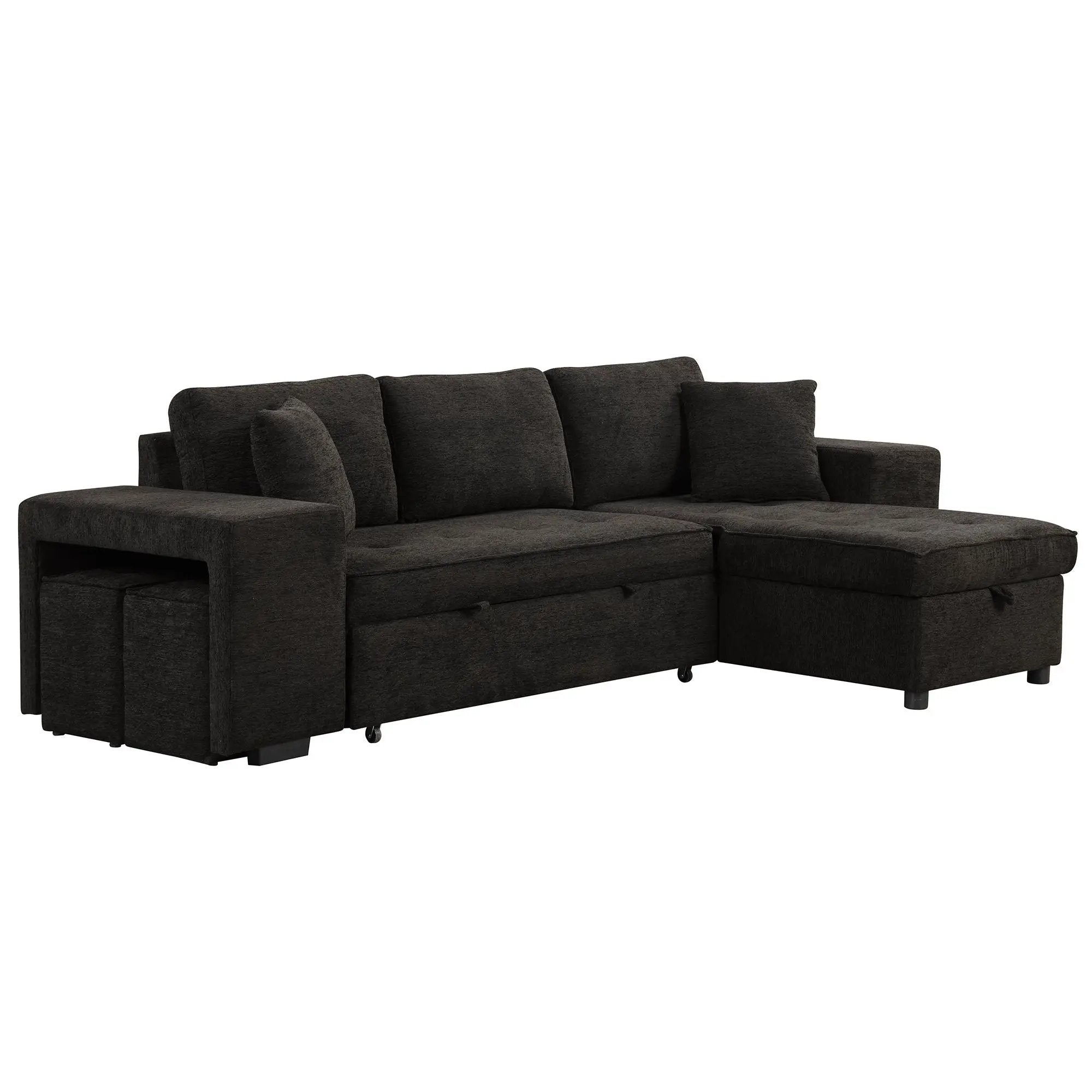 Modern L-Shape 3 Seat Reversible Sectional Couch, Pull Out Sleeper Sofa With Storage Chaise And 2 Stools For Living Room Furniture Set by Unique Piece Furniture