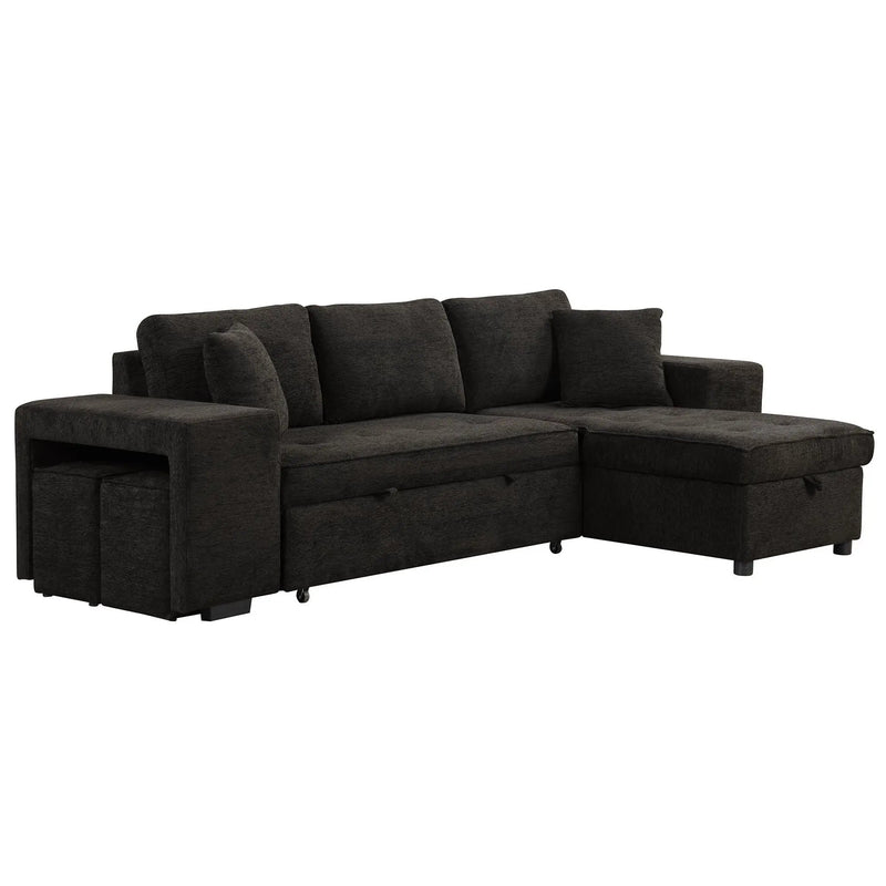 Modern L-Shape 3 Seat Reversible Sectional Couch, Pull Out Sleeper Sofa With Storage Chaise And 2 Stools For Living Room Furniture Set by Unique Piece Furniture