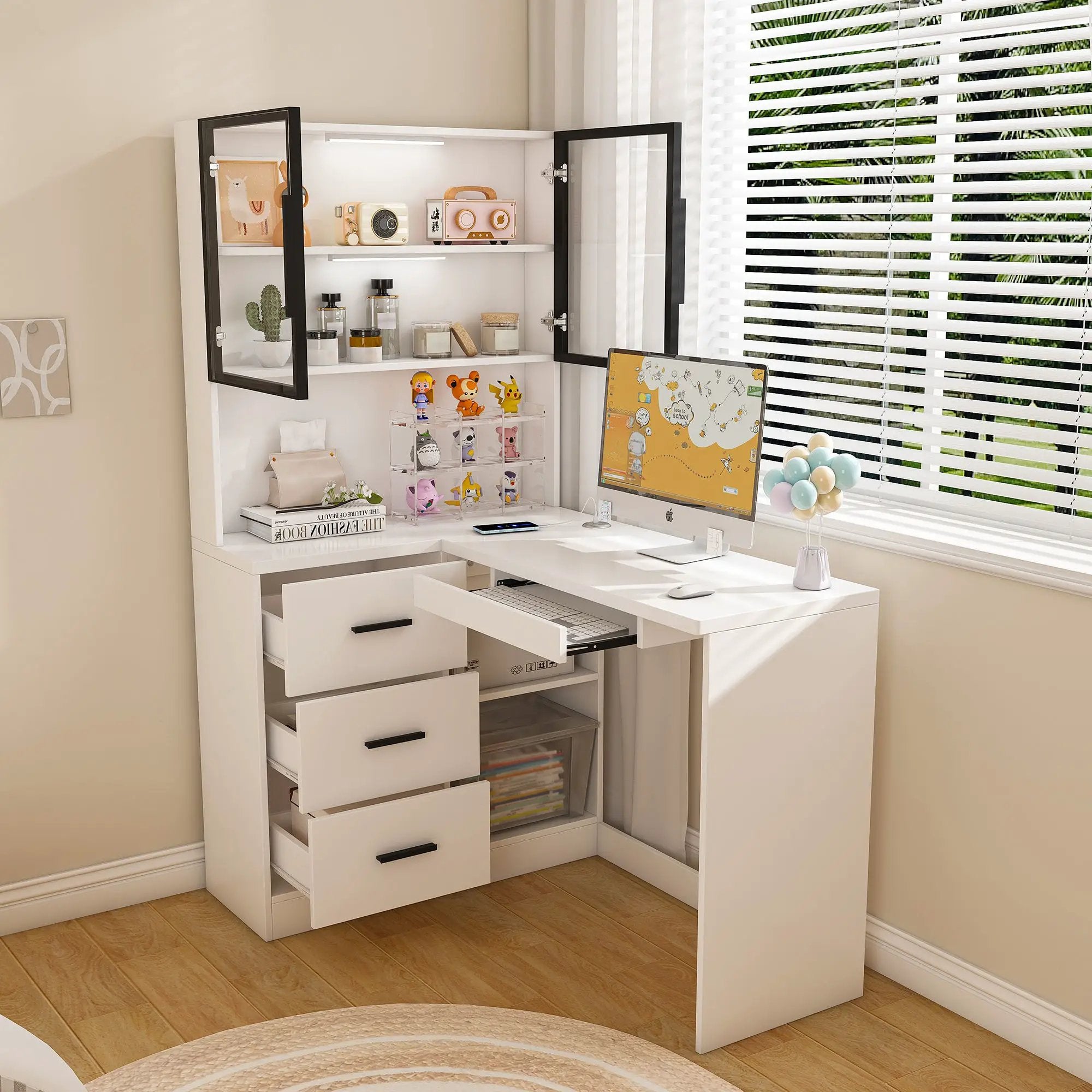 L-Shaped Computer Desk With Glass Cabinets, Built In LED Lights, USB Charging Ports by Unique Piece Furniture