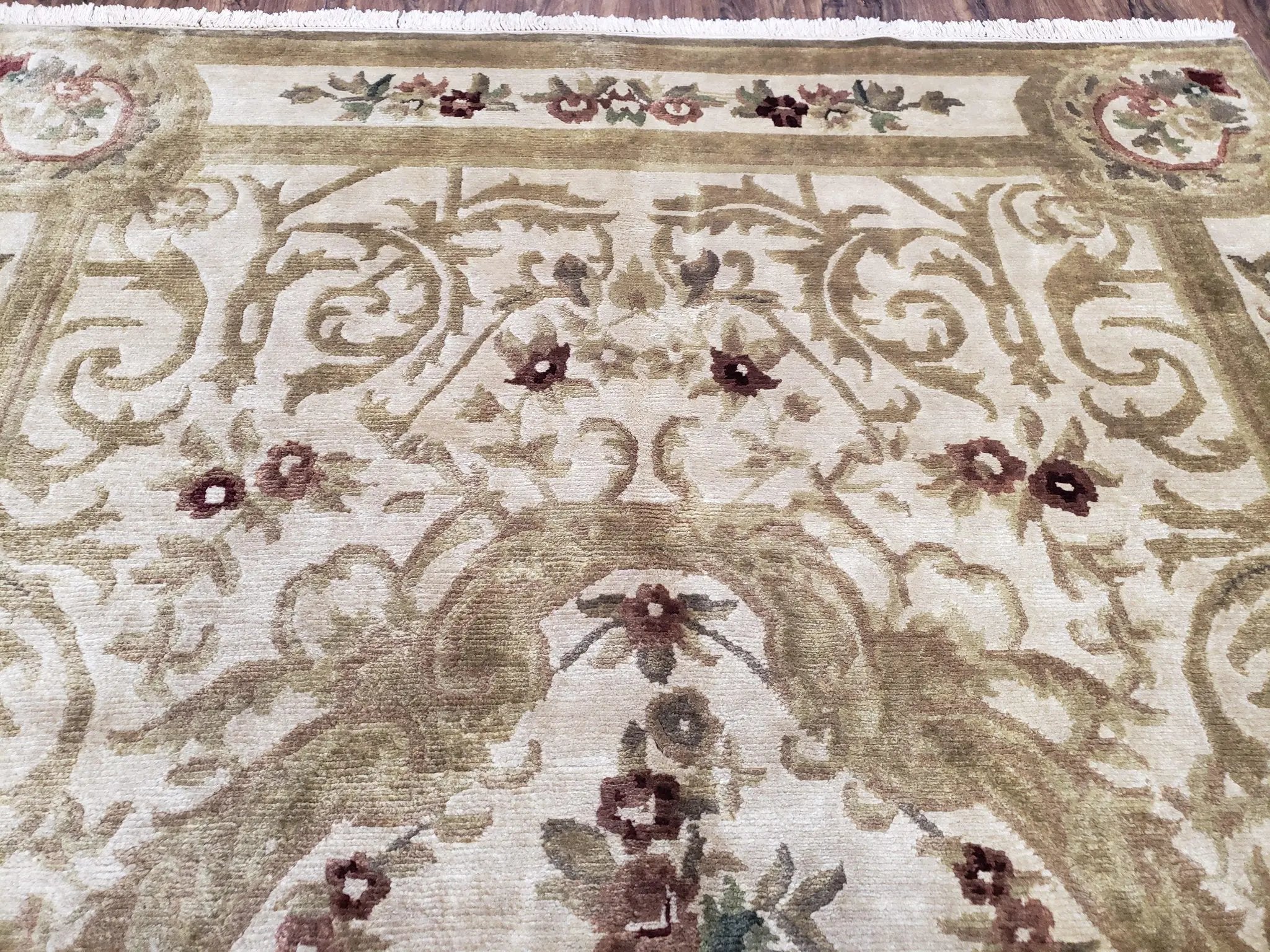 Vintage Nepali Tibetan Aubusson Rug 6x9, Wool Hand-Knotted Cream Beige Carpet, Leaves & Floral Pattern 6 x 9 Soft Area Rug Home Office Rug by Jewel Rugs