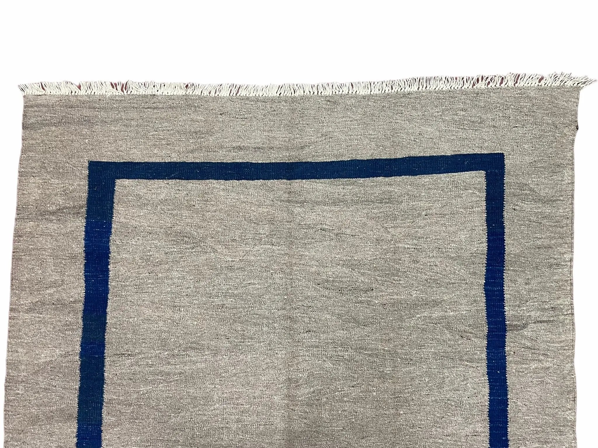 Geometric Turkish Kilim Rug 5' 7" x 7' 9", Flatweave Carpet, Minimal Design, Anatolian Carpet, Gray, Geometric, Dark Blue, Hand-Knotted, New by Jewel Rugs