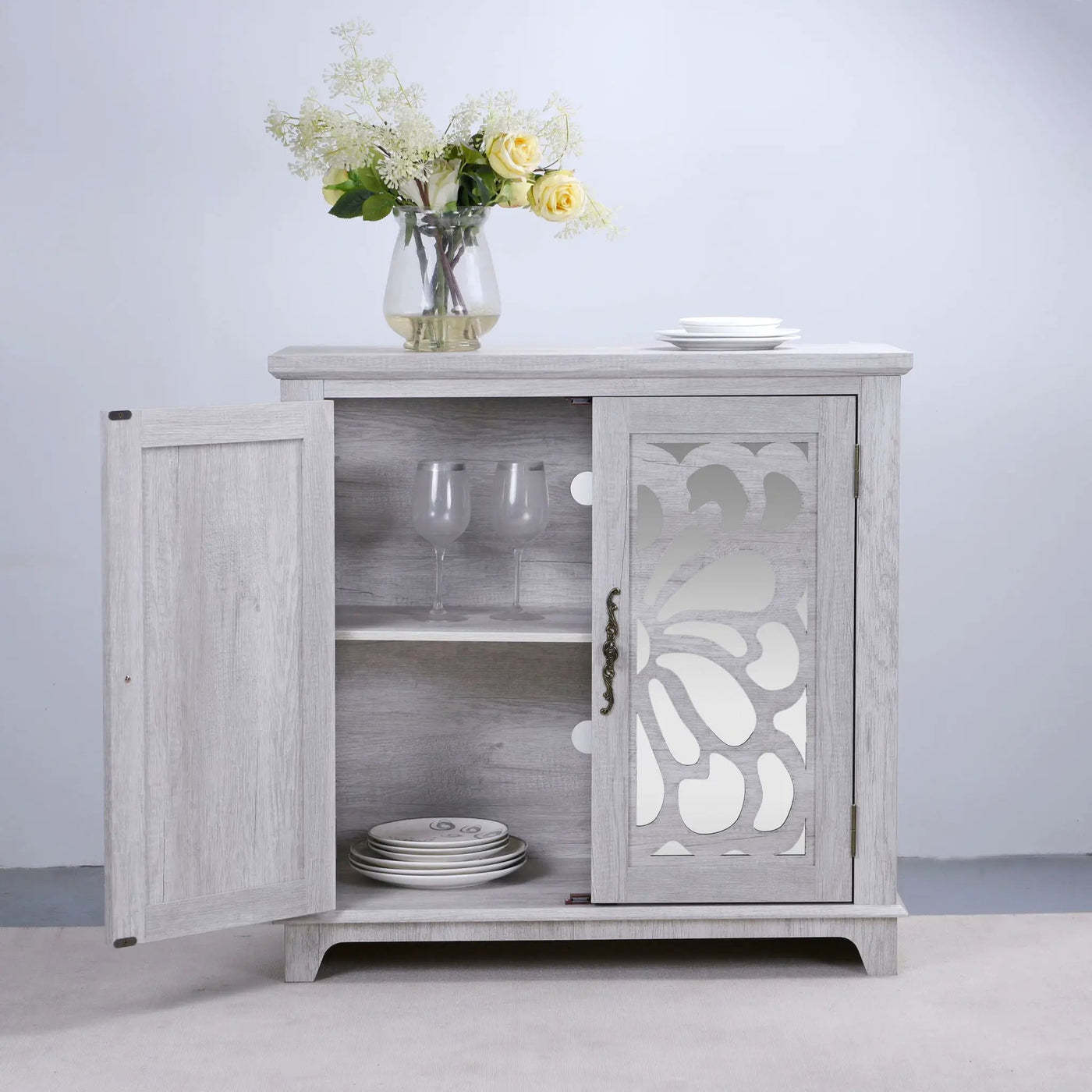 Elegant Sideboard With 2 Acrylic Mirrored Doors, Adjustable Shelf Storage by HouseOfZazla