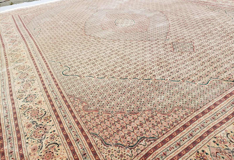 Stunning Oversized Pak Persian Oriental Rug 12x15, Hand Knotted Wool & Silk Palace Sized Carpet, Mahi Pattern, Very Fine, Peach Beige, Wow by Jewel Rugs
