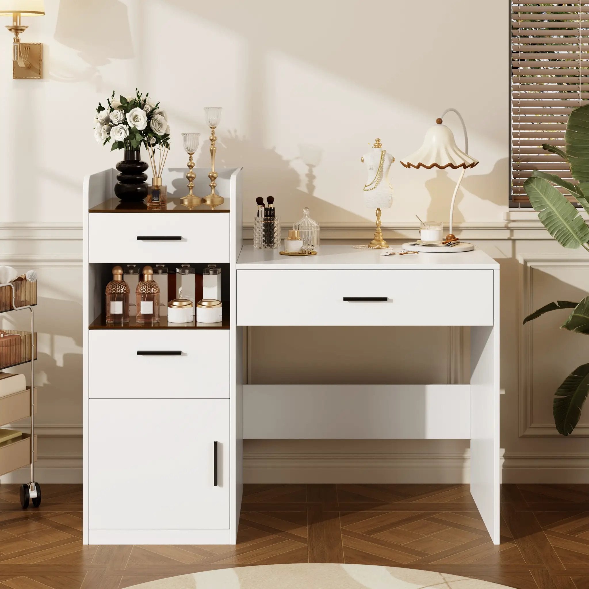 3-in-1 Vanity Desk with Flip Top Mirror, Glass Top Compact Makeup Vanity & Hidden Storage by HouseOfZazla