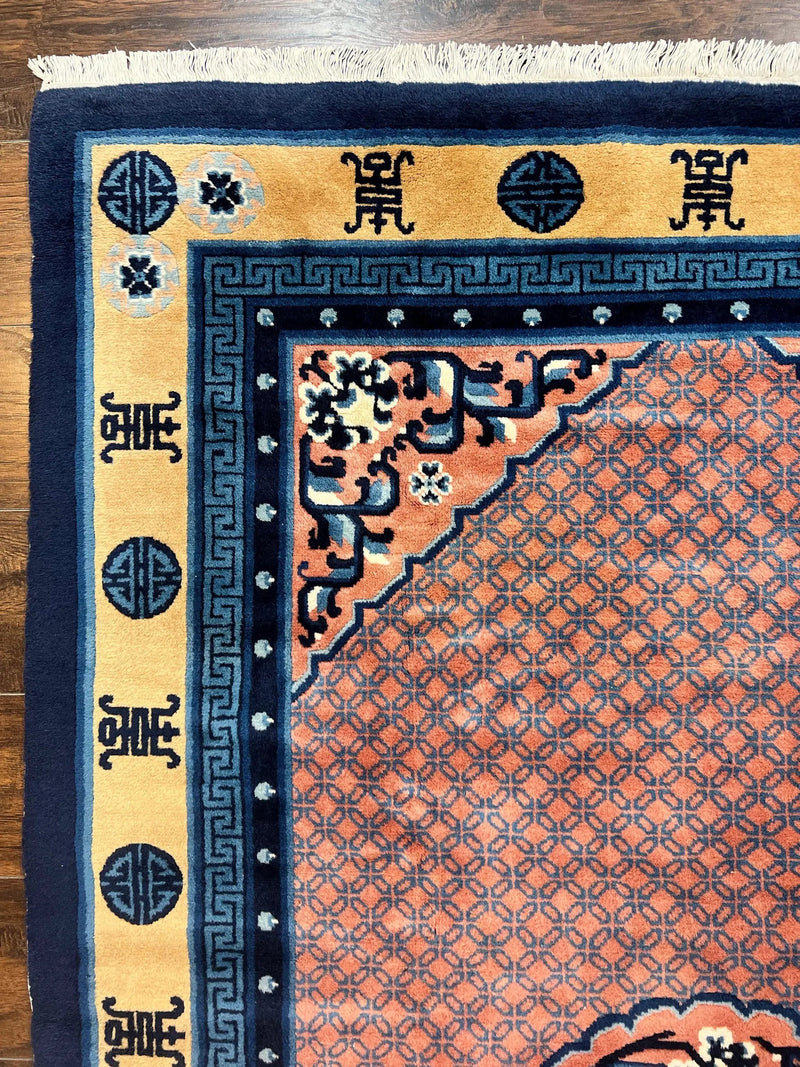 Chinese Peking Rug 5x8, Vintage Semi Antique Chinese Art Deco Carpet, Wool Pile Light Red/Salmon Gold Navy Blue, Handmade Asian Oriental Rug by Jewel Rugs