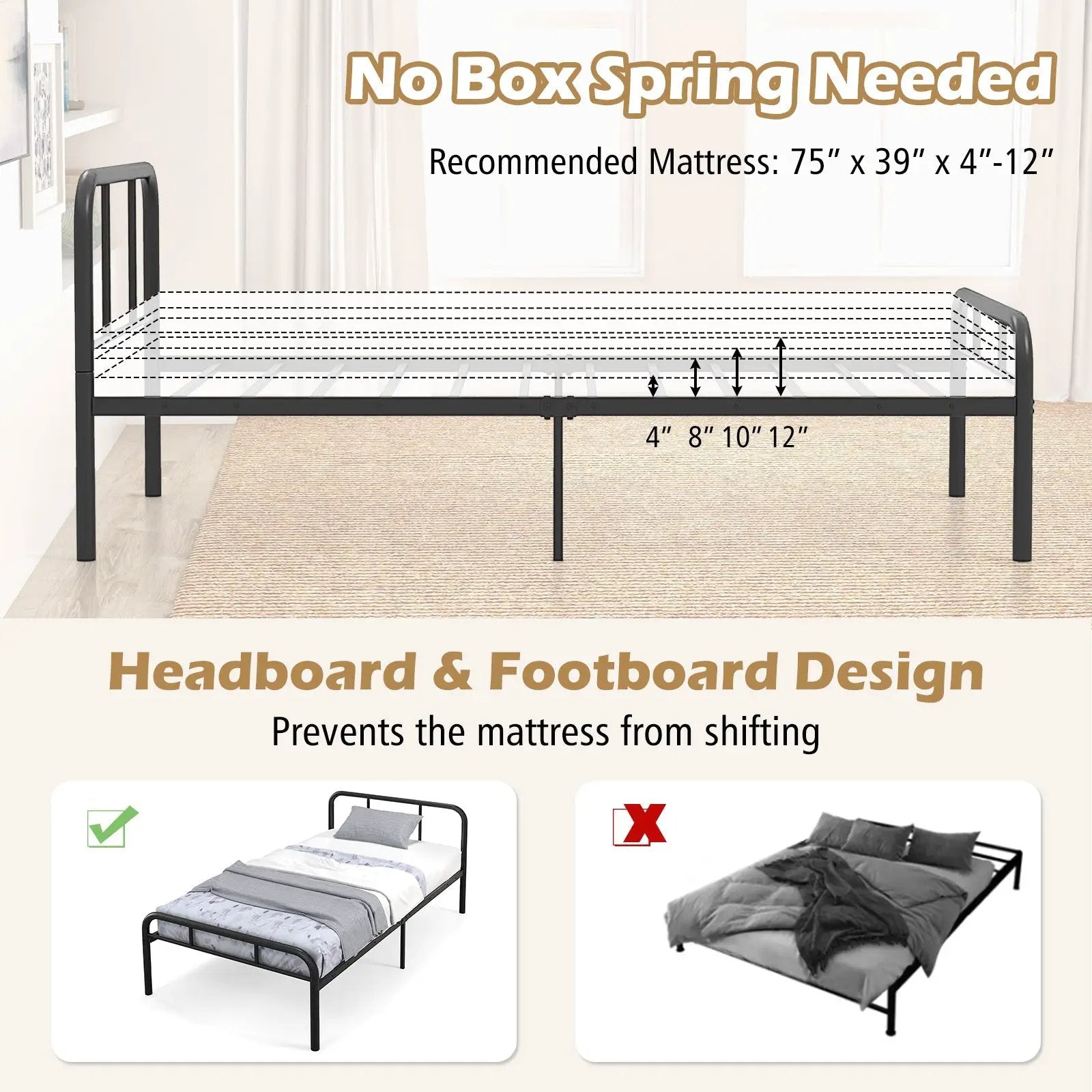 Modern Metal Platform Bed with Headboard and Footboard-Black by DirectDeals