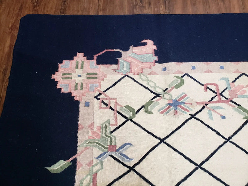 Vintage Dhurrie Rug, Indian Dhurrie 8x11 - 9x11, Wool Hand-Woven Ivory & Black Indo Carpet, Large Flat Weave Rug Living Room Rug Black White by Jewel Rugs