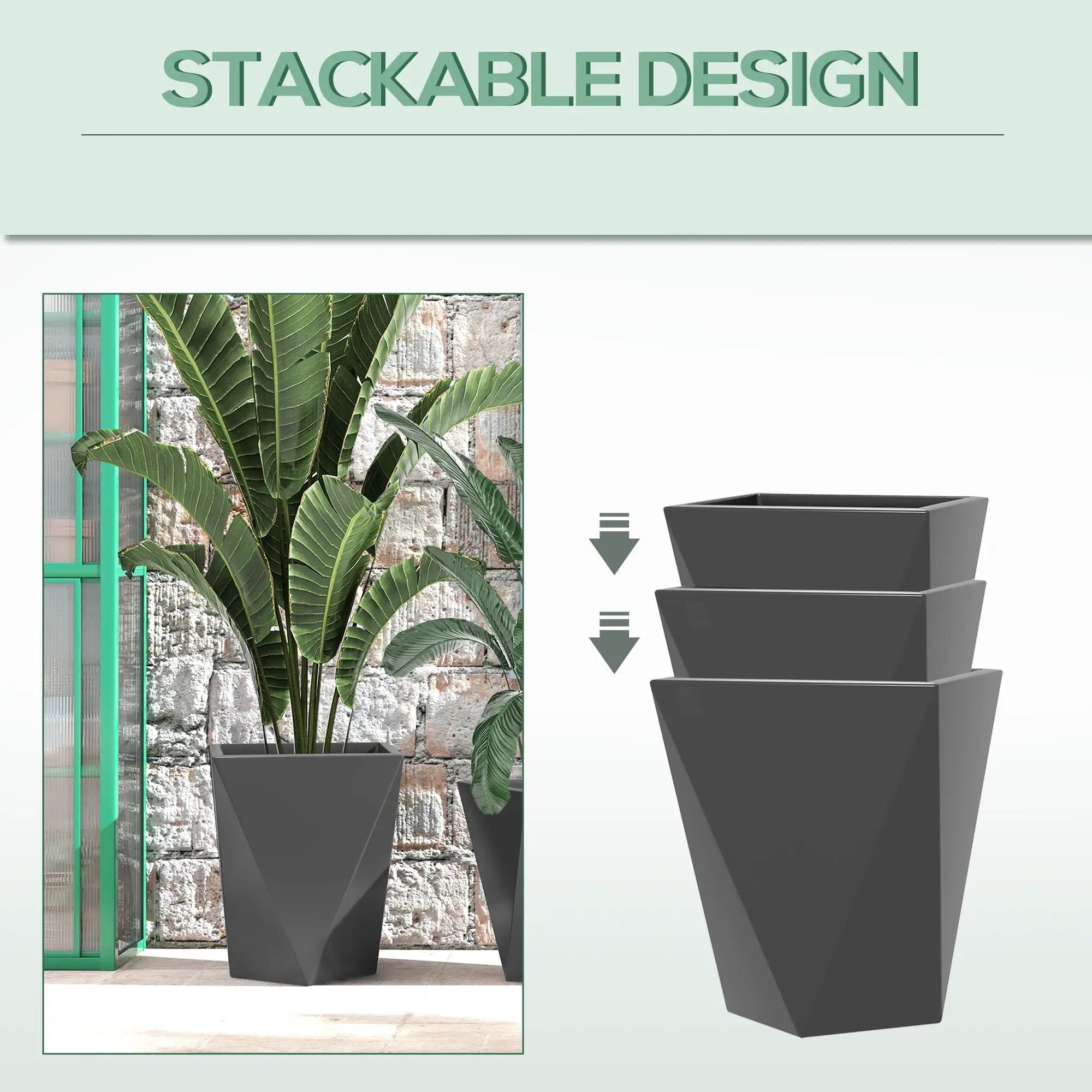 Outsunny - 18", 15.25", 11.75" Tall Planters (Set of 3), Indoor Outdoor Planters With Drainage Holes, Stackable Flower Pots For Garden, Patio, Balcony, Front Door - Gray by Unique Piece Furniture