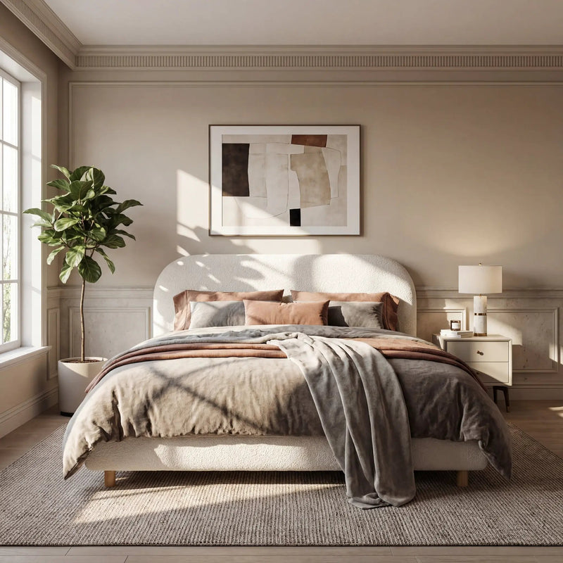 Queen Size Upholstered Bed With Boucle Fabric by HouseOfZazla