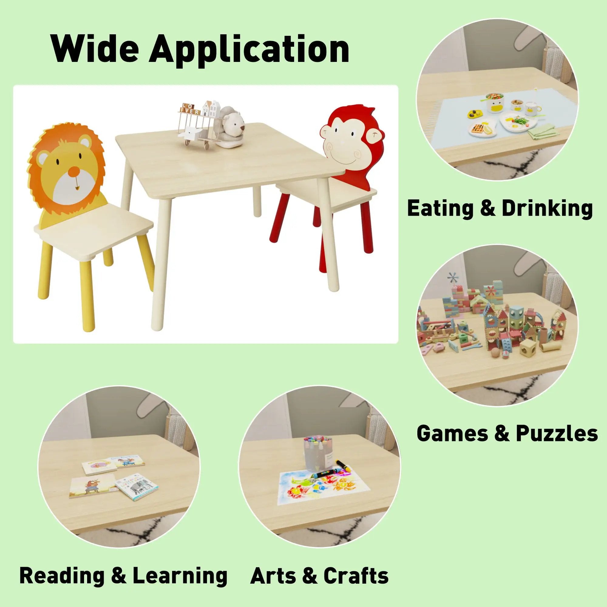 Kids Table And 2 Chairs Set, 3 Pieces Toddler Table And Chair Set, Wooden Activity Play Table Set (Lion&Monkey) - Natural by HouseOfZazla