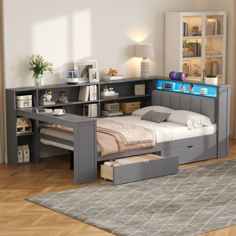 Platform Bed With Storage Shelves, Drawers, Charging Station, LED, Desk by Unique Piece Furniture