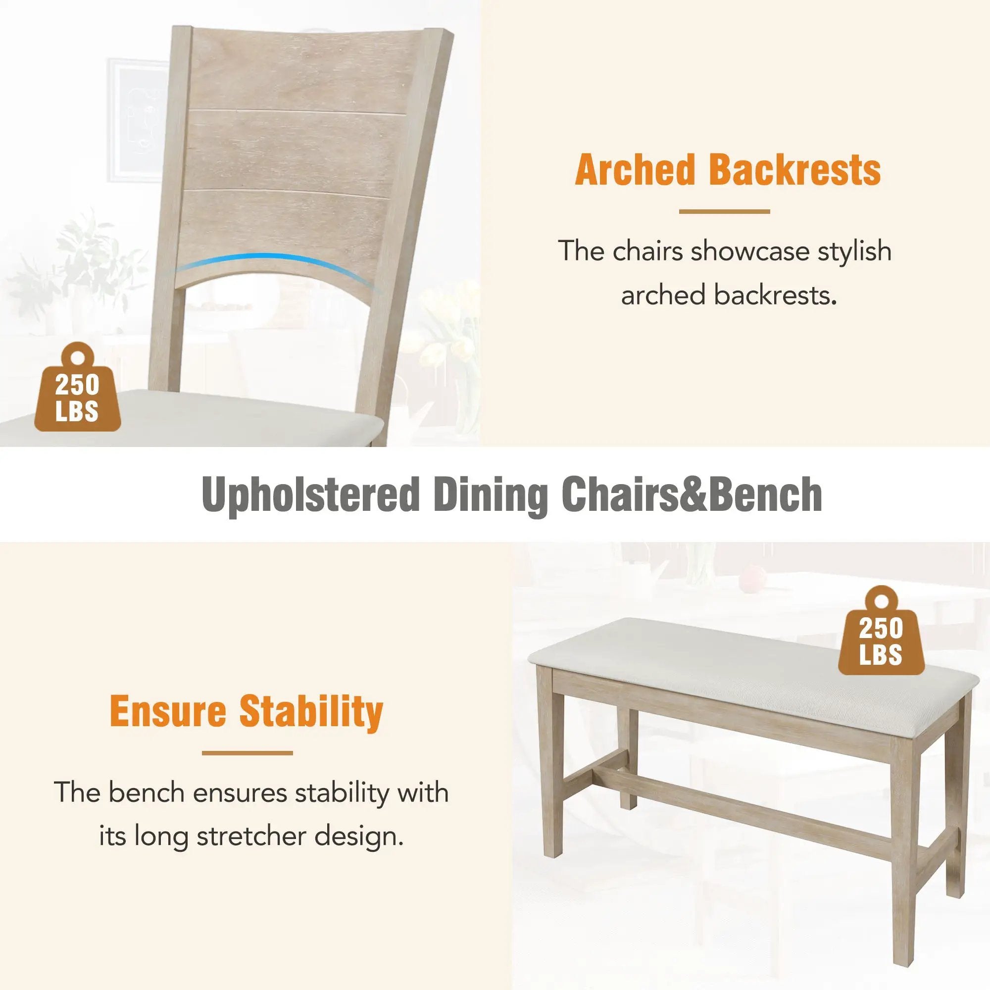 Topmax - 6 Piece Wood Half Round Dining Table Set Kitchen Table Set With Long Bench And 4 Dining Chairs, Modern Style by HouseOfZazla