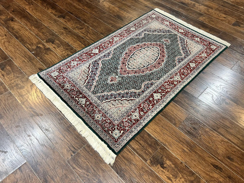 Sino Persian Rug 4x6, Wool with Silk Highlights, Fine Hand Knotted Carpet, Green & Maroon Red, Herati Medallion, Vintage Rug by Jewel Rugs