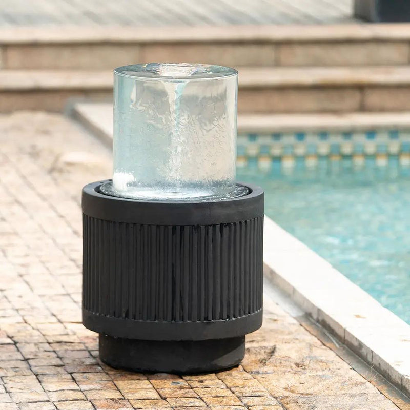 Heavy Cement Round Ribbed Outdoor Water Fountain With Light - Black White by Unique Piece Furniture