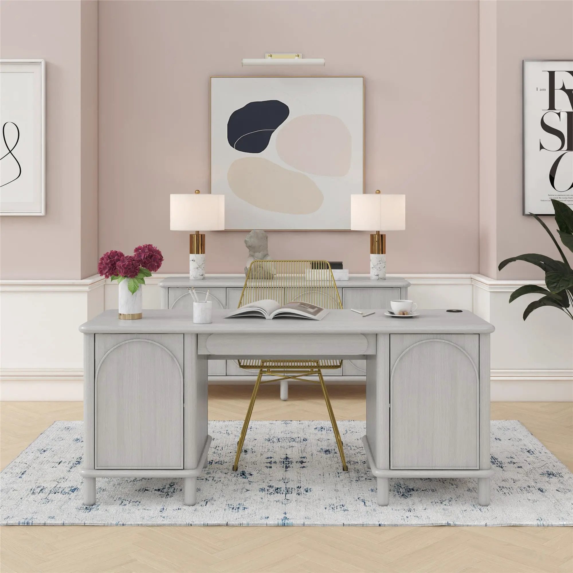 Selena - Double Pedestal Desk - Rustic White by HouseOfZazla