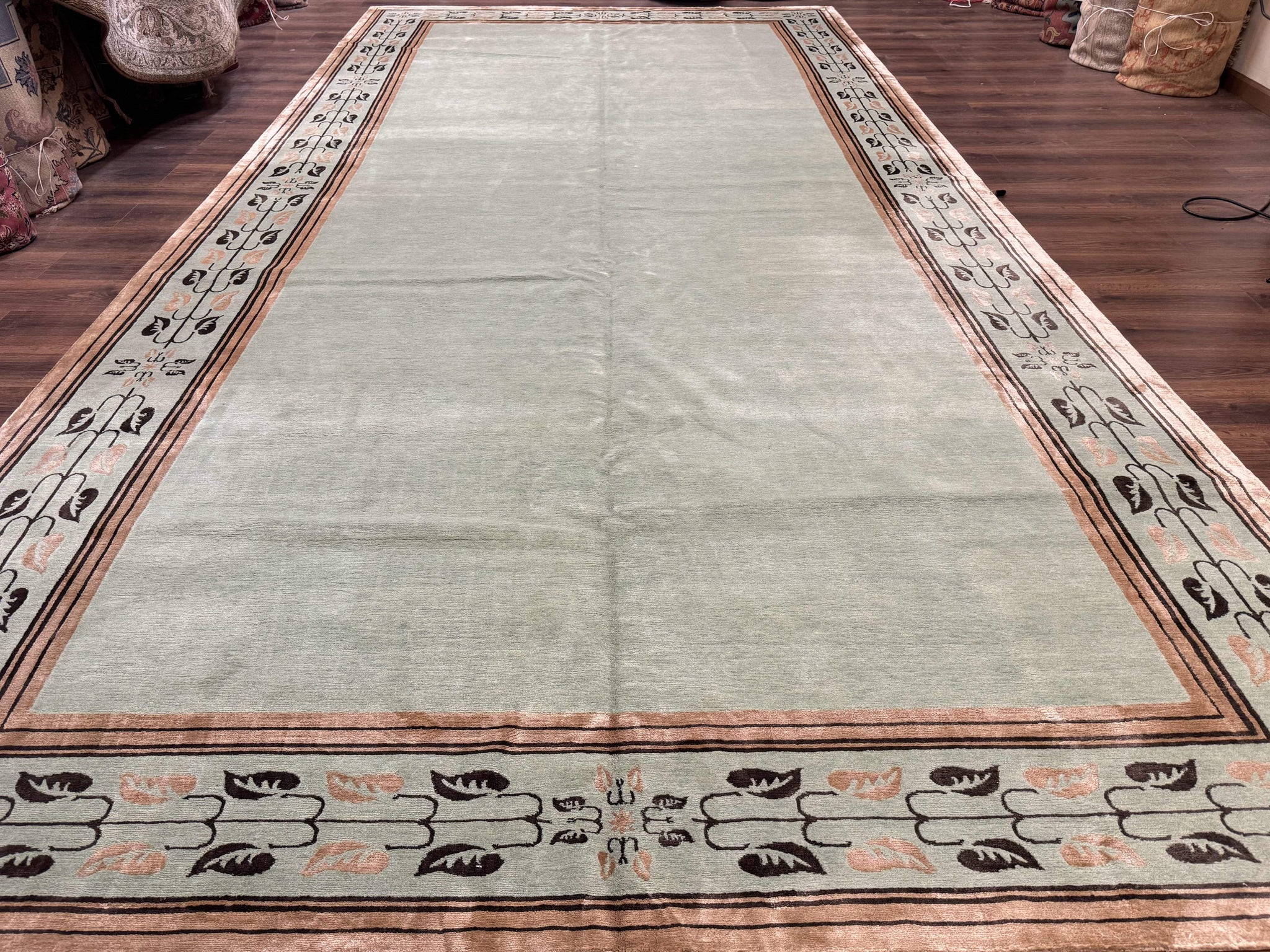 Palace Size Nepali Rug 9x18, Open Field, Light Mint Green, Wool Hand Knotted, Modern Contemporary by Jewel Rugs