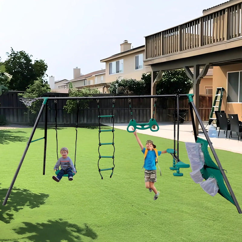 Interesting Four Function Swingset With Face To Face Metal Plastic Safe Swing Seat 550Lbs For Outdoor Playground For Age 3+ - Blackish Green by HouseOfZazla