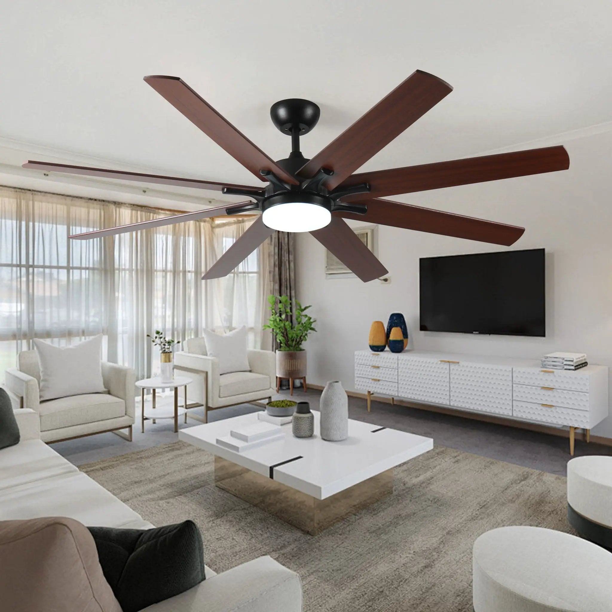 Large Ceiling Fans With Lights And Remote, Indoor / Outdoor Modern Ceiling Fan For Kitchen Living Room Patio, 6 Speed Reversible Quiet DC Motor, Dual Finish 8 Blades - Black by HouseOfZazla