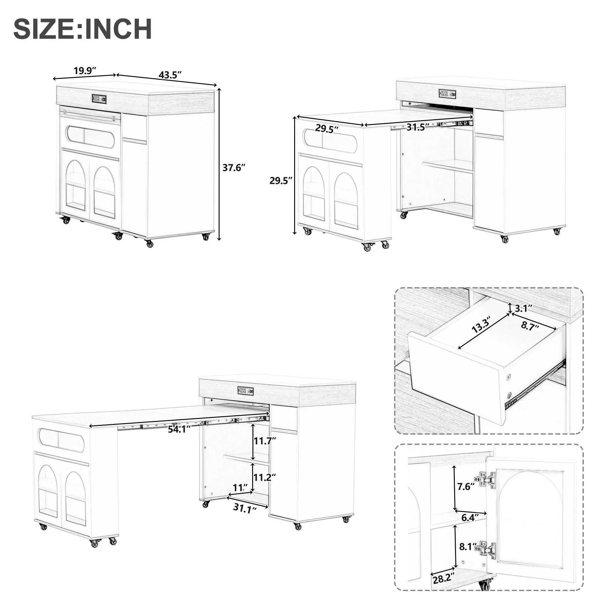 Extendable Dining Table With Folding Top, Rolling Kitchen Island With Drawers And Power Outlet by Unique Piece Furniture