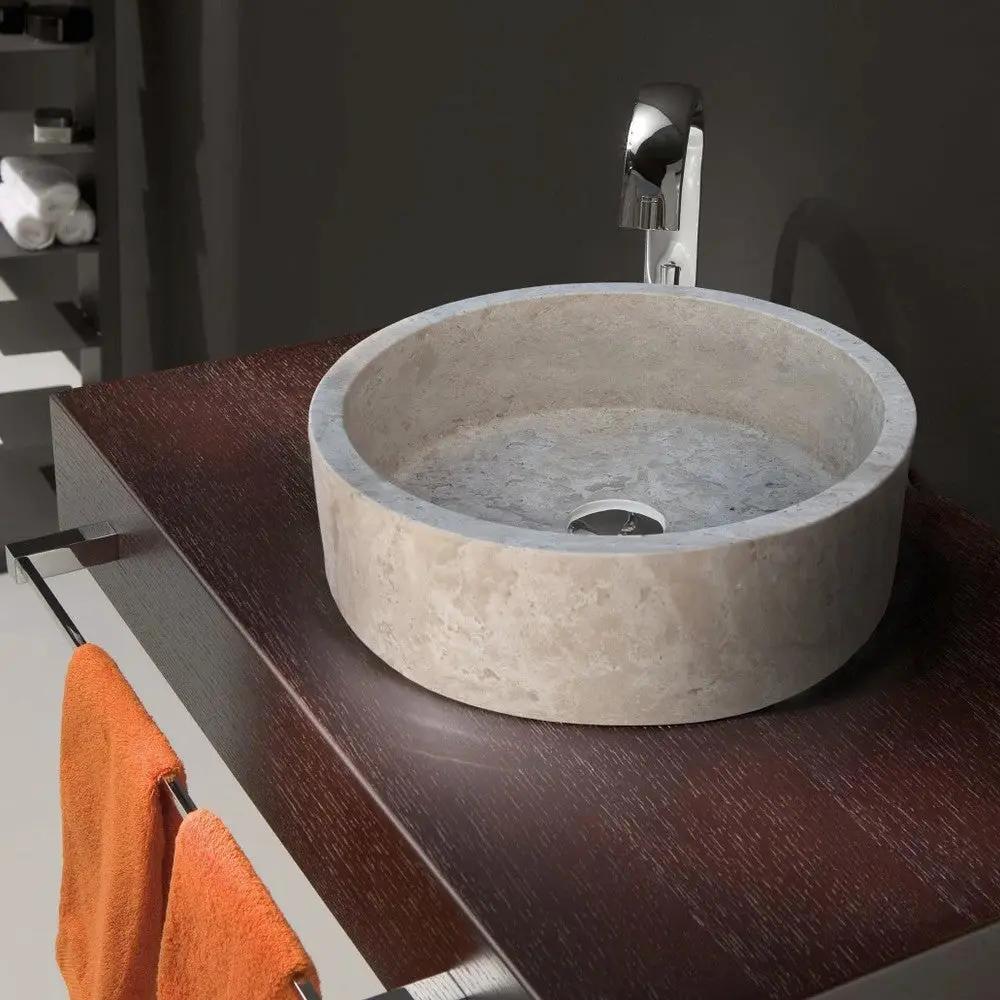 Natural Stone Beige Travertine Vessel Sink Honed Finish Round 16 inch Diameter 6 inch Height by GobekDesign