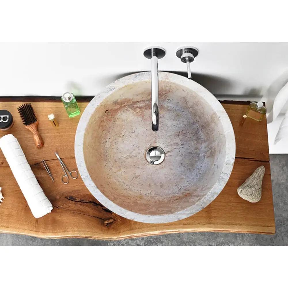 Beige Travertine Natural Stone Vessel Sink - Polished 16 inch by GobekDesign