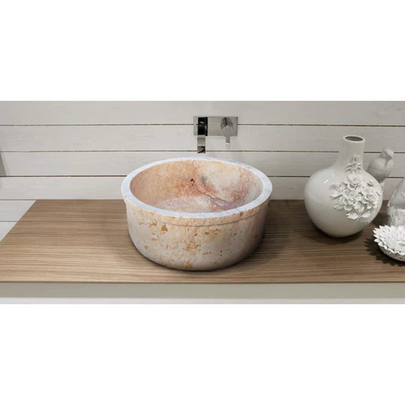 Natural Stone Beige Travertine Self-Rimming Drop-in Vessel Sink Polished (D)16" (H)6.5" by GobekDesign