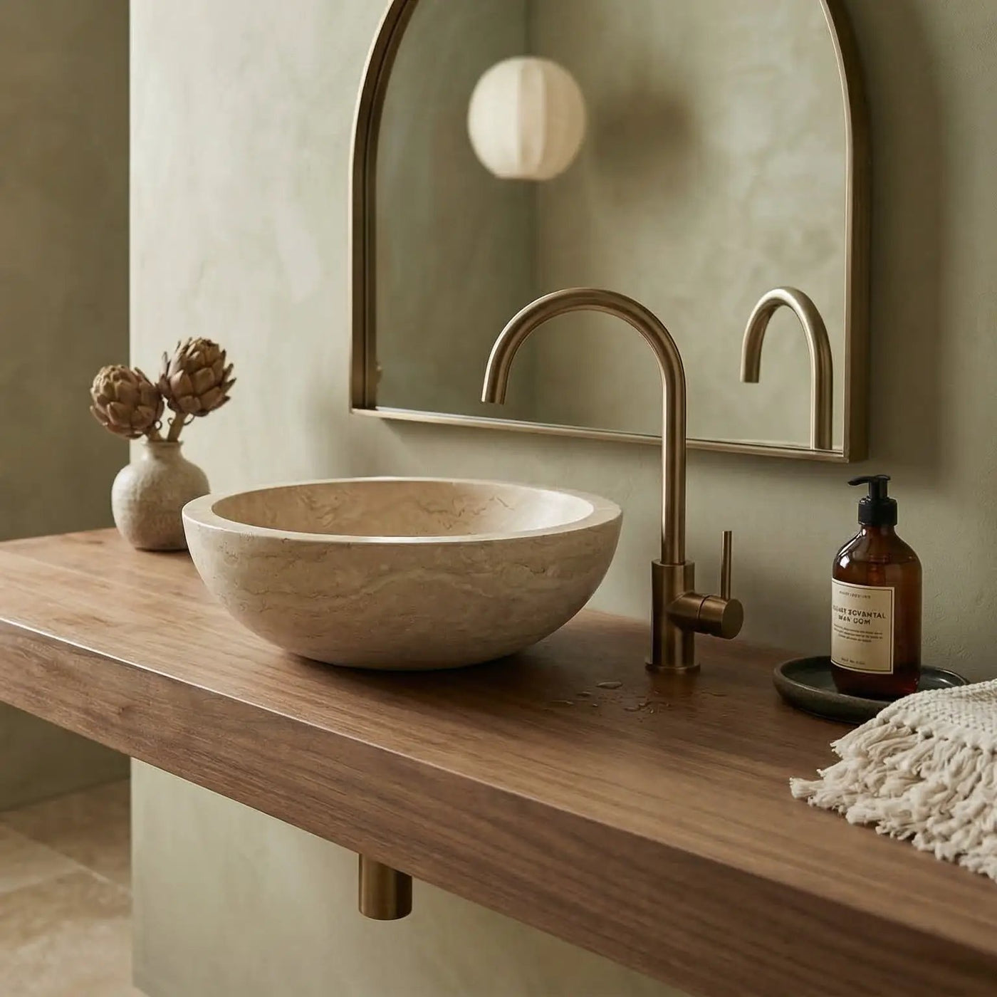 Beige Travertine Natural Stone Vessel Sink - Honed and Filled 16x6 by GobekDesign