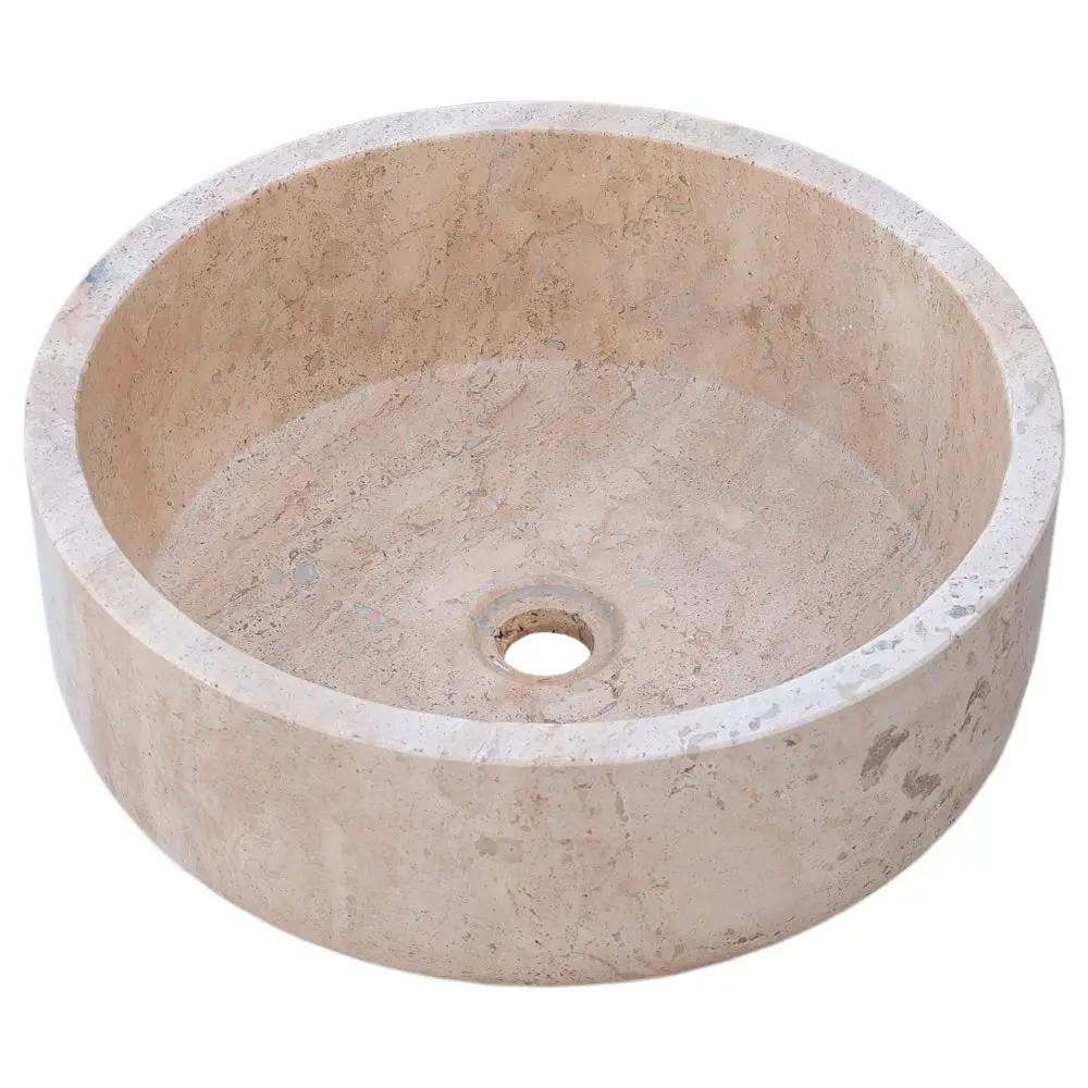 Beige Turkish Travertine Natural Stone Vessel Sink - Honed 16 Inch Diameter 6 Inch by GobekDesign