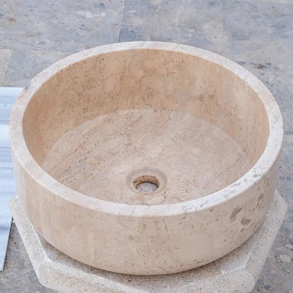 Beige Turkish Travertine Natural Stone Vessel Sink - Honed 16 Inch Diameter 6 Inch by GobekDesign