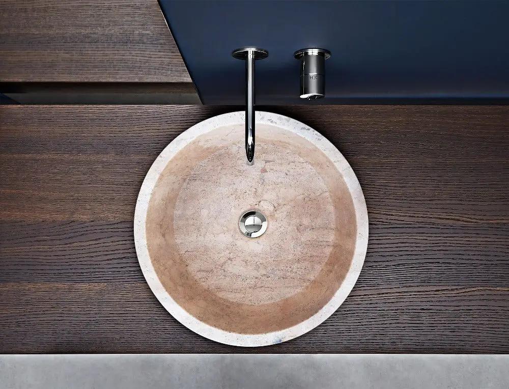 Beige Turkish Travertine Natural Stone Vessel Sink - Honed 16 Inch Diameter 6 Inch by GobekDesign
