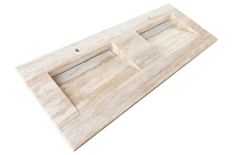 Beige Vein-Cut Travertine Double Bathroom Vanity Top Sink - (W)23" (L)60" (H)5.5" by GobekDesign