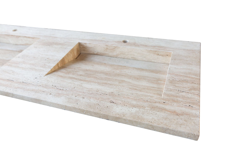 Beige Vein-Cut Travertine Double Bathroom Vanity Top Sink - (W)23" (L)60" (H)5.5" by GobekDesign