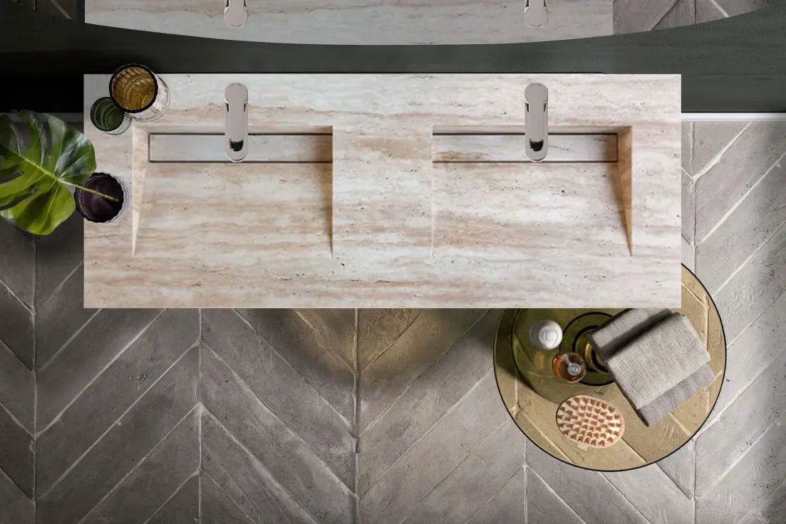 Beige Travertine Vein Cut Double Vanity Bathroom Sink 23 x 60 Turkish Handcrafted by GobekDesign
